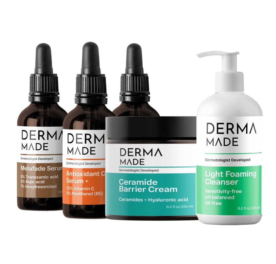 Derma Made collection, Melafade Serum, Antioxidant C Serum, Ceramide Barrier Cream, and Light Foaming Cleanser, physician-dispensed skincare at Illari Aesthetics Chicago